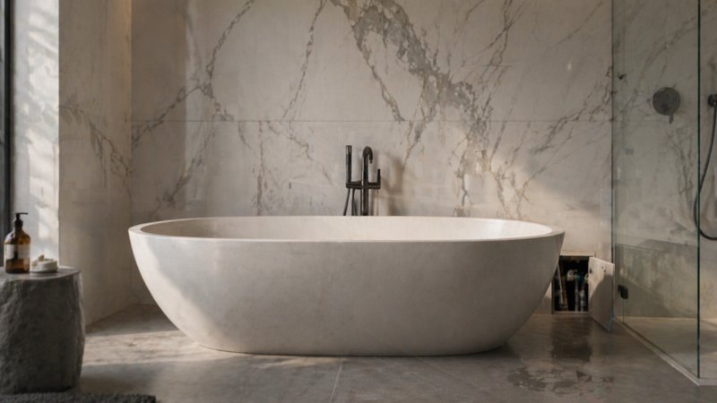 Modern bathroom with freestanding tub and hidden plumbing access highlighting form over function design issues